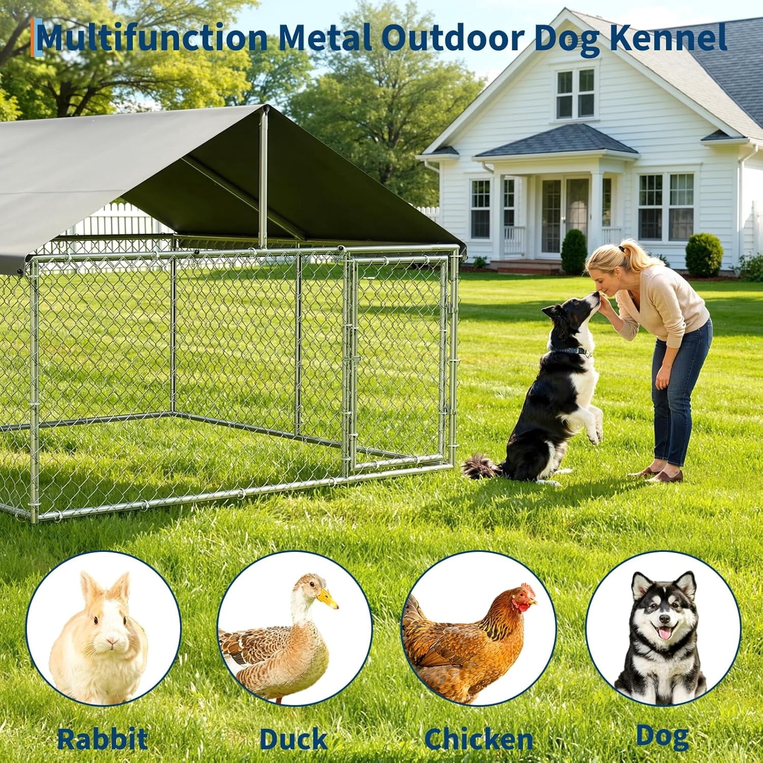 7.5×7.5×5.4 Ft Home Large Metal Outdoor Dog Kennel, Metal Wire Dog Enclosure with Waterproof Roof & Adjustable Bowls Feeder for Backyard Farm