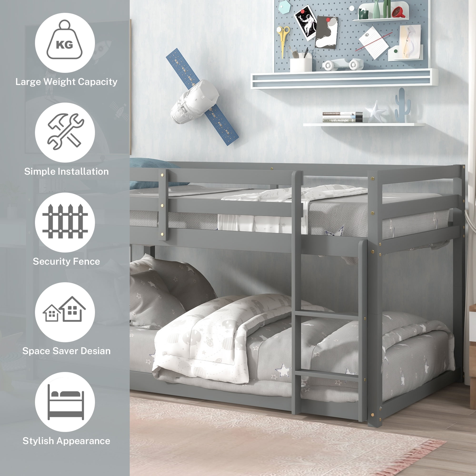 PORKISS Bunk Beds for Kids, Twin over Twin Floor Bunk Bed with Safety Rail and Ladder, Solid Wood Low Bunk Bed Frame for Boys Girls, No Box Spring Needed, Gray
