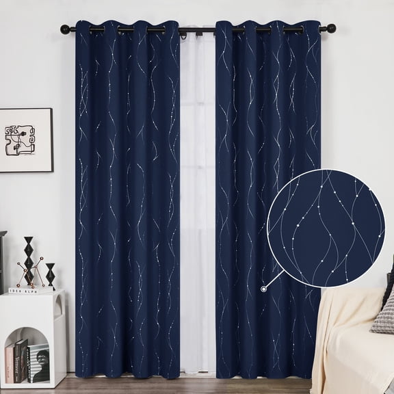 Deconovo Silver Printed Blackout Curtains - 2 Panels, Wave Dots Pattern, Grommet Top, 52"x84", Thermal Insulated Drapes for Bedroom & Living Room, Navy Blue