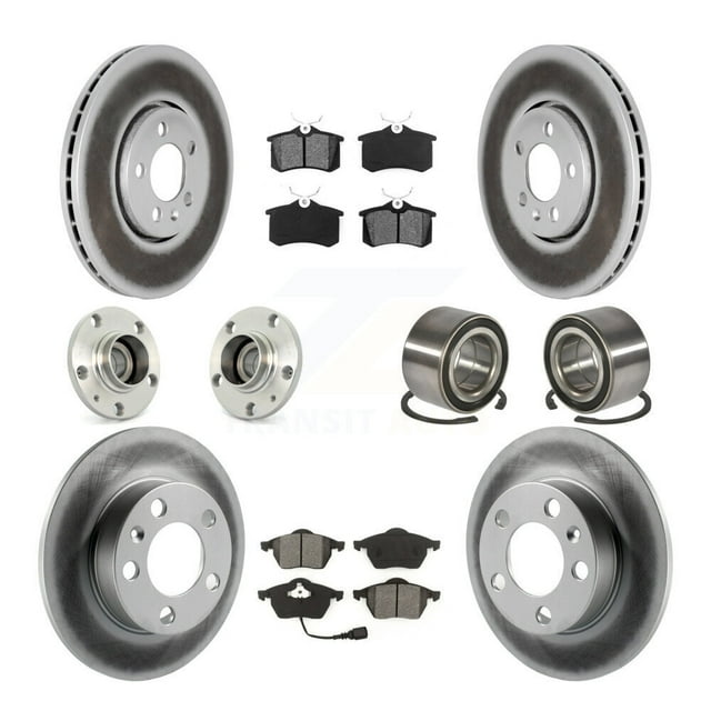 Transit Auto Front Rear Wheel Hub Bearings Assembly Coated Disc Brake Rotors and Semi-Metallic Pads Kit (10Pc) for Car Volkswagen Golf Beetle Jetta - Left Right Side (Driver Passenger) KBB-107966