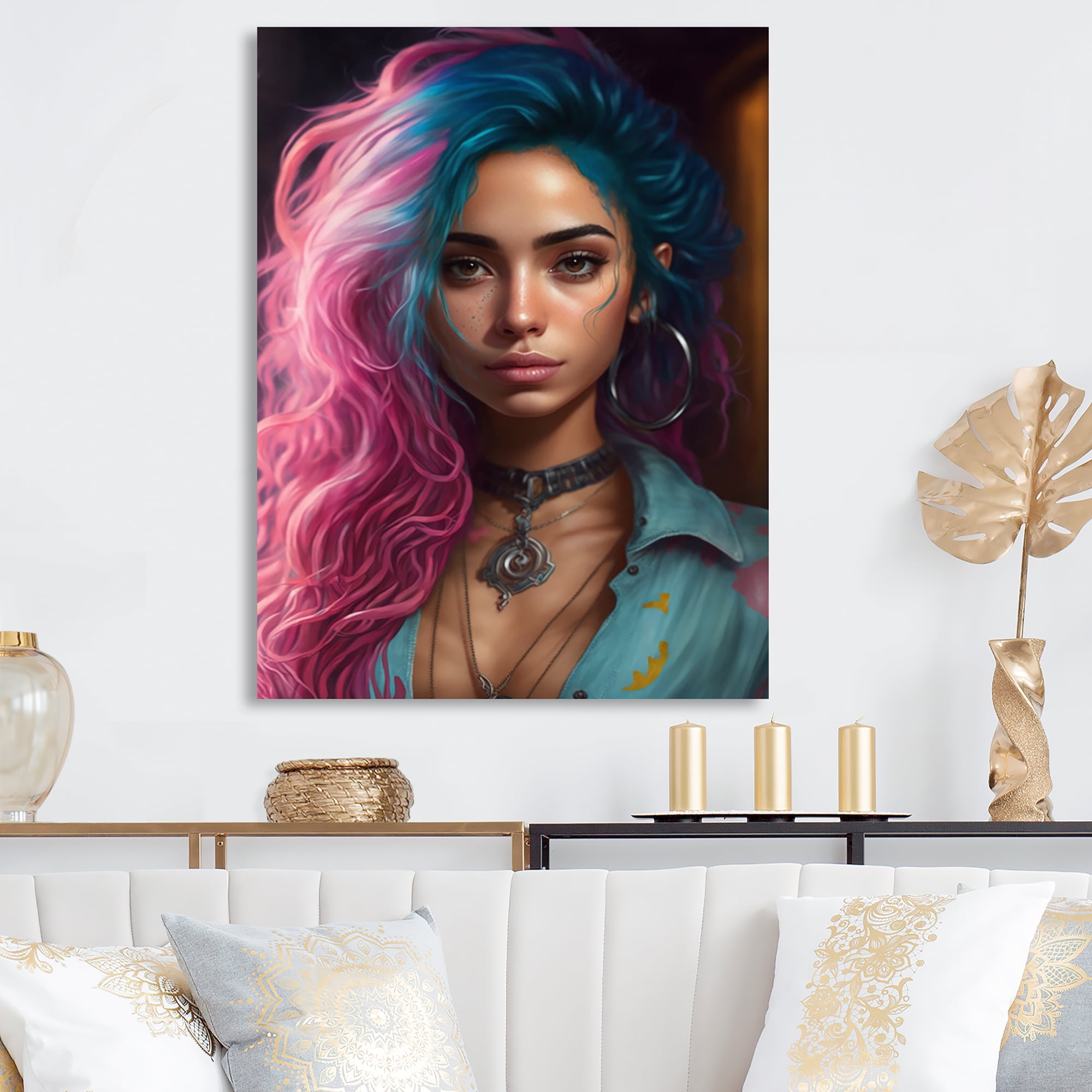 Designart Fashion Indian Woman In Pink And Blue III Canvas Wall Art