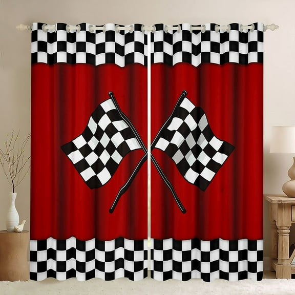 Homewish Race Car Black Out Curtains,Extreme Sport Curtains Pack of 2 (42x63 Each),Checkered Racing Flag Bedroom Curtains For Boys Teens,Ultra Soft Home Decor