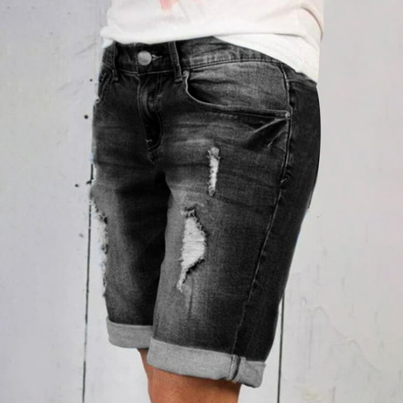 Xixinqiwan No Boundaries Womens Ripped Jean Shorts High Waist Stretchy Staight Leg Bermuda Denim Shorts Knee Length Casual Summer Short