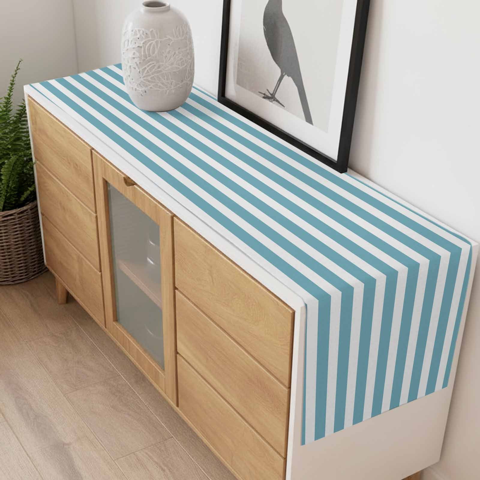 Cyan and White Striped Table Runner 13x120 inch Gradient Cotton Linen Dining Table Runner Ideal for Dresser Kitchen Coffee Tables - Machine Washable