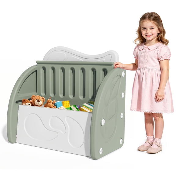 PORKISS Kids Toy Box for Boys Girls, Plastic Toy Storage Organizer with Storage Bench and Leaf Backrest, Compact Toy Chest for Playroom, Bedroom, Living Room, Support up to 176 lbs, Green/Light Grey