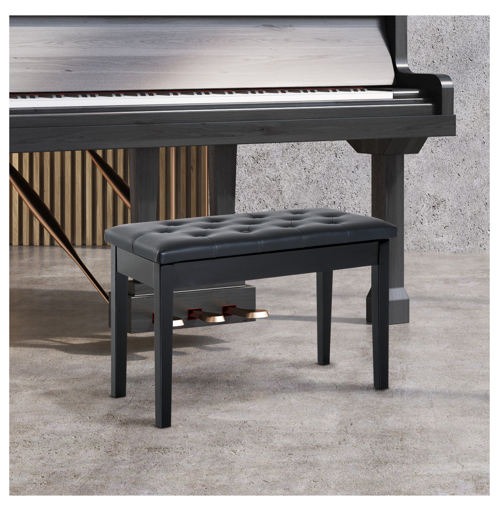 Piano , Duet Piano Chair with Faux Leather Padded Cushion and Wooden Frame, Button Tufted Keyboard , Black