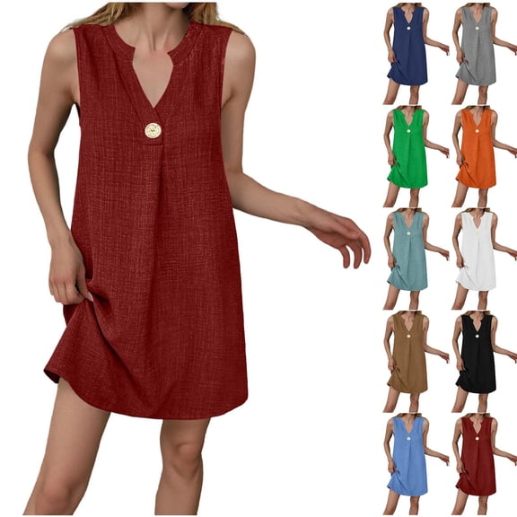 AnuYalue Mini Dress for Women Long Boho Sleeveless V Neck Button Up Dresses Loose Beach Sundresses for Vacation