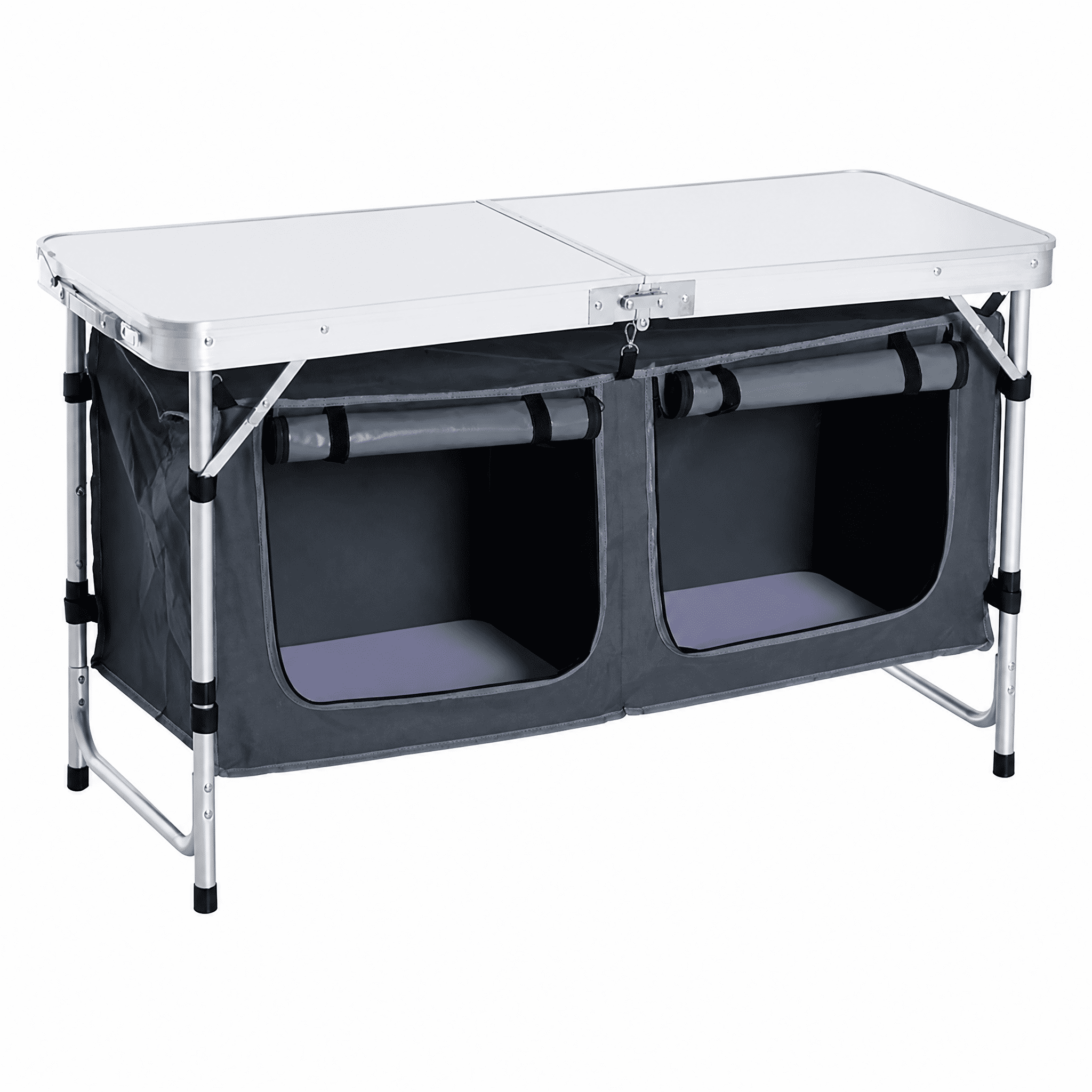 3 Height Adjustable Folding Camping Table with Zipper Oxford Storage Organizer, Aluminum Frame Solid MDF Tabletop Portable Outdoor Foldable Table Supports 55lbs for Picnic BBQ Tailgating Pebbles