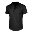 thumbnail image 3 of APEXFWDT Men's Stand Collar Cotton Linen Shirt Casual Short Sleeve Banded Collar Shirt for Vacation,L,Black, 3 of 5