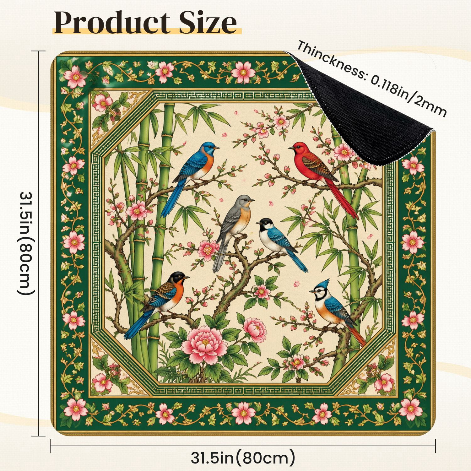 Mahjong Mat 31.5" x 31.5" Ornamental Birds Floral Bamboo Green Frame Non-Slip Noise Reduction Mahjong Tiles Table Cover for Dominoes Poker Card Board and Tile Games