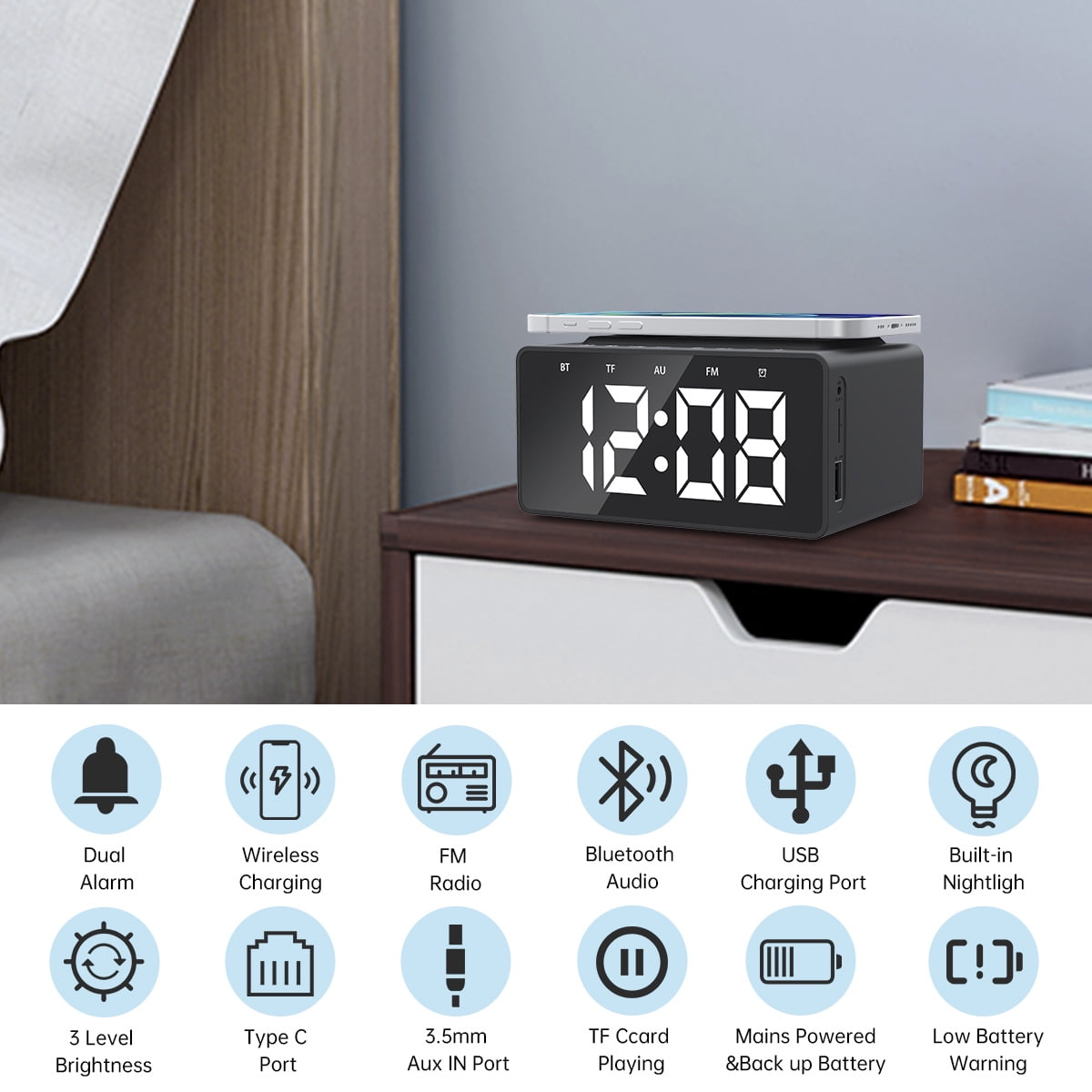 Clock Radios FM Radio USB Charging Dimmable Display Dual Alarms White