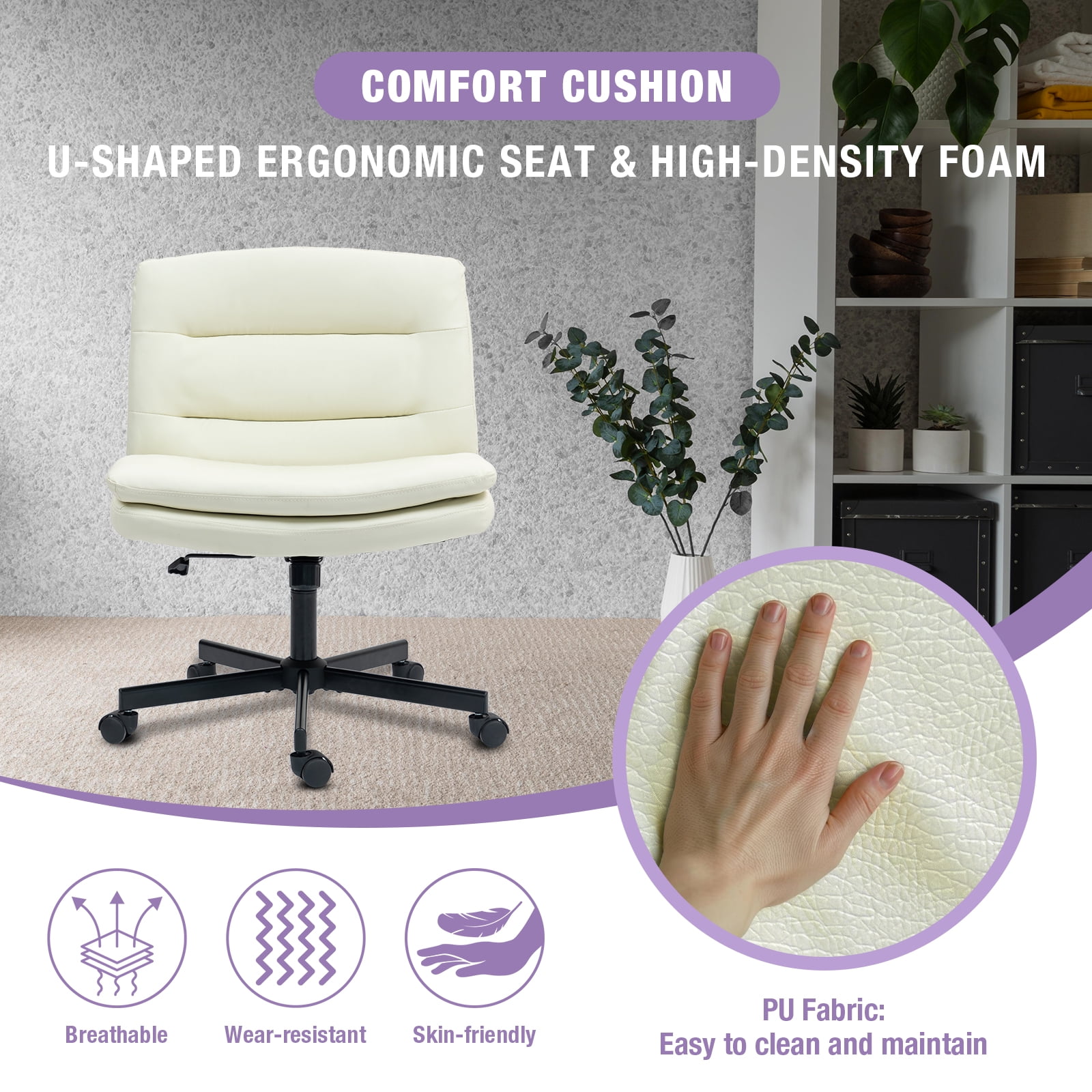 Criss Cross Legged Chair Ergonomic Home Office Desks Chair with Casters, Armless Wide Comfy Vanity Desk Seat Swivel Rolling Computer Chair, Adjustable Height, Rocking Function, Beige