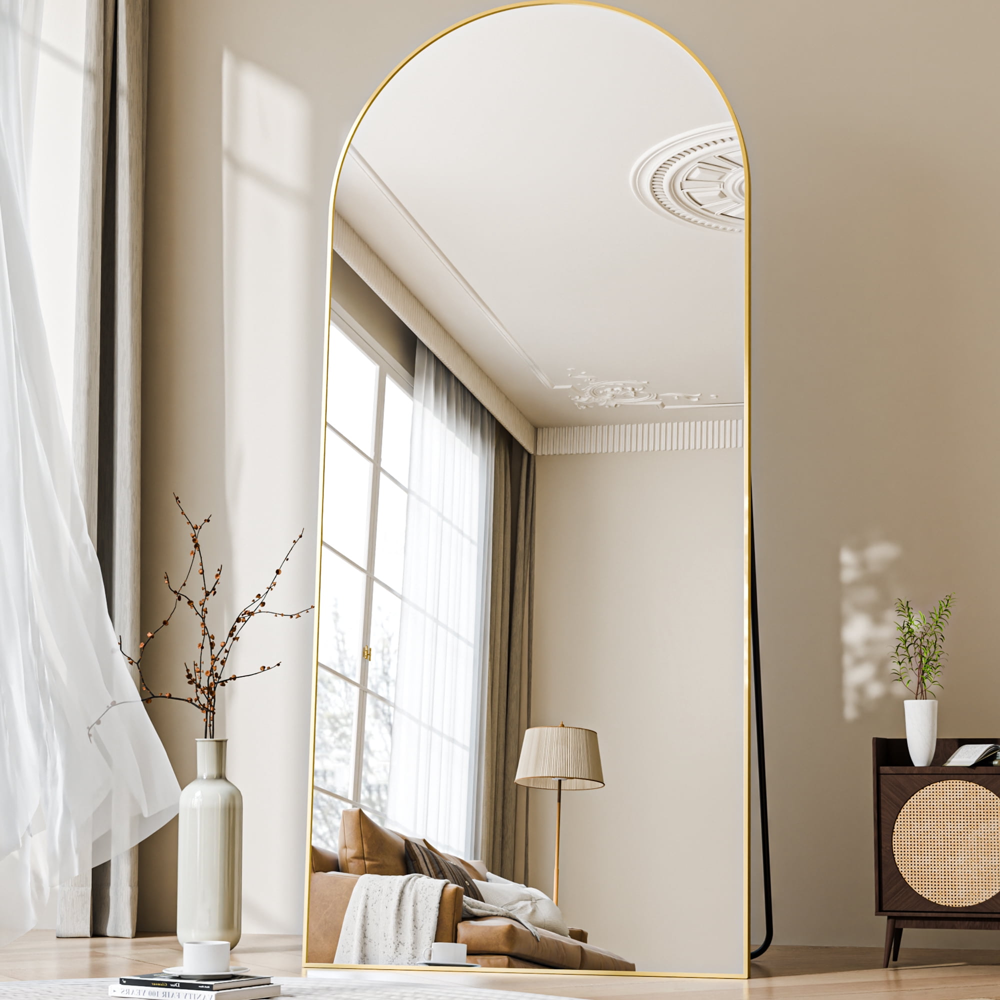 Easy4Home 78"x 35" Arch-Top Oversized Full Length Mirror Metal Frame Freestading Floor Mirror, Gold