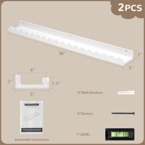 36 Inch Scalloped Nursery Shelf, White Picture Ledge for Wall, Set of 2, Kids Book Shelves with Floating Design for Kids Rooms, Bedroom