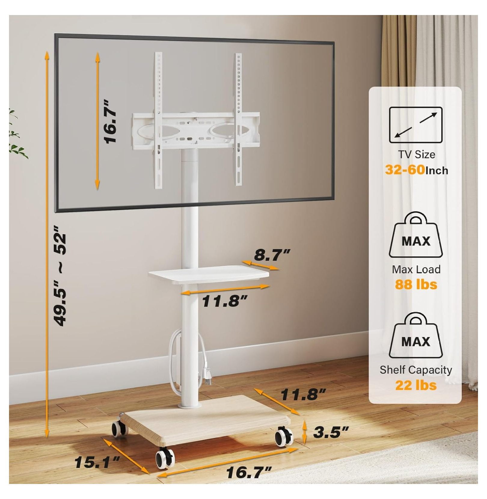 Rolling TV Stand with Power Outlet for 32-60 inch TVs, Swivel and Height Adjustable Mobile TV Stand with Shelf, Strong TV Cart on Wheels up to 88 lbs for Living Room, Bedroom and Office, White