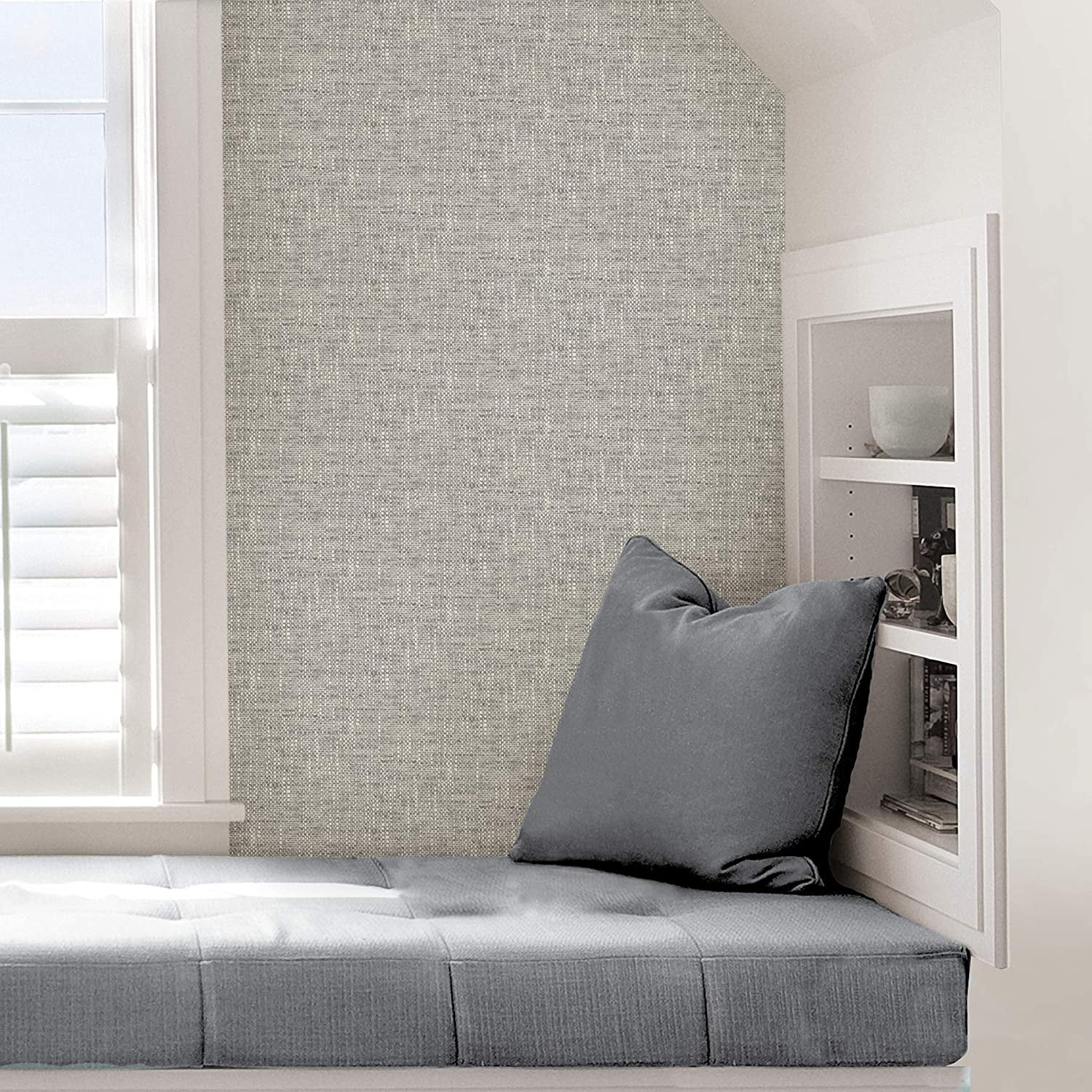 NuWallpaper Grey Poplin Texture Vinyl Peel And Stick Wallpaper, 216-in by 20.5-in, 30.75 sq. ft.