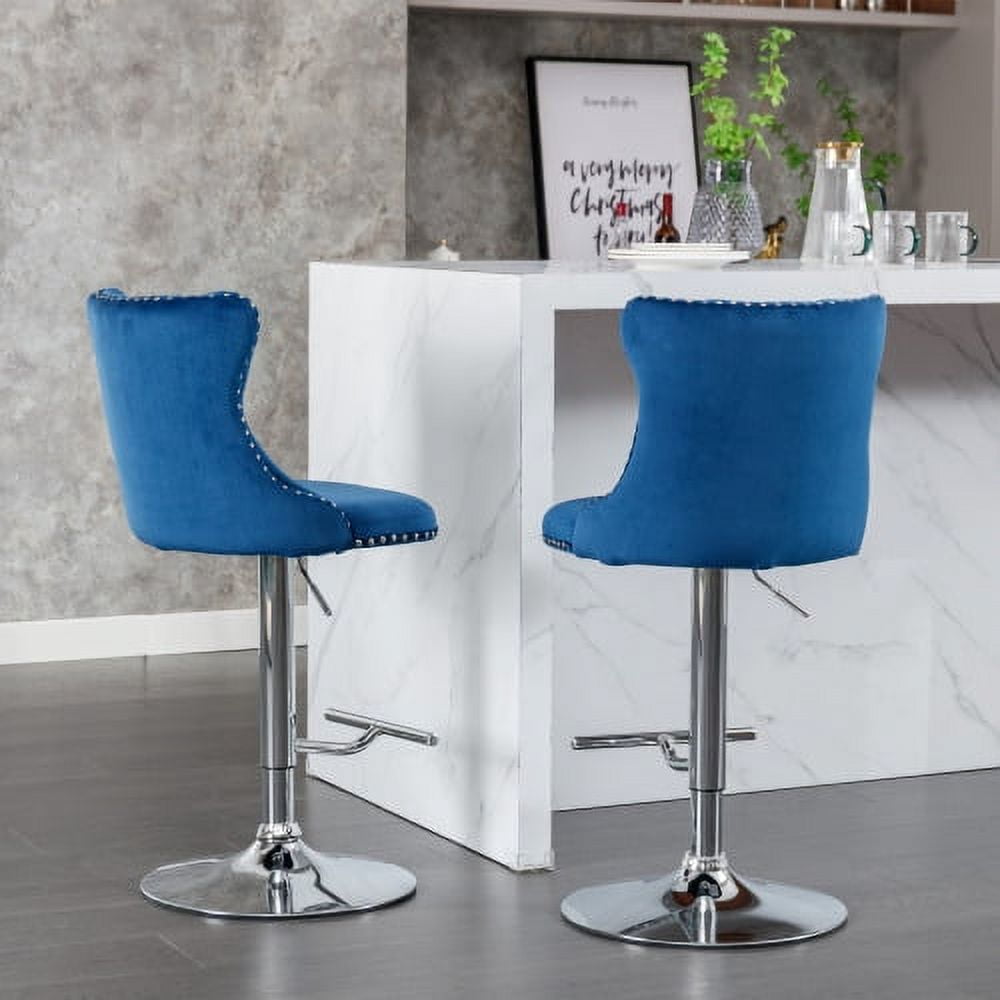 BSHTI Swivel Velvet Barstools Adjusatble Seat Height from 25-33 Inch, Modern Upholstered Chrome base Bar Stools with Backs Comfortable Tufted,Blue,Set of 2