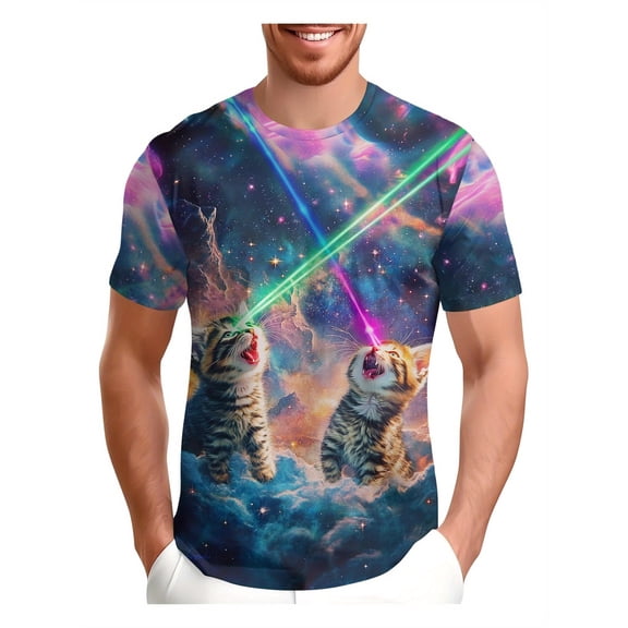 Men's 3D Star Cat Pattern T-Shirt - Vivid space-themed design, unisex casual streetwear, cool beauty T-shirts for festivals and casual wear, perfect gift concept