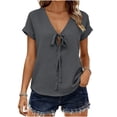 thumbnail image 2 of MaFYtyTPR Women's Summer V-Neck Blouse Fashion Solid Color Short Sleeve Tie Front Loose Fit Casual Tops A-Gray XL, 2 of 5