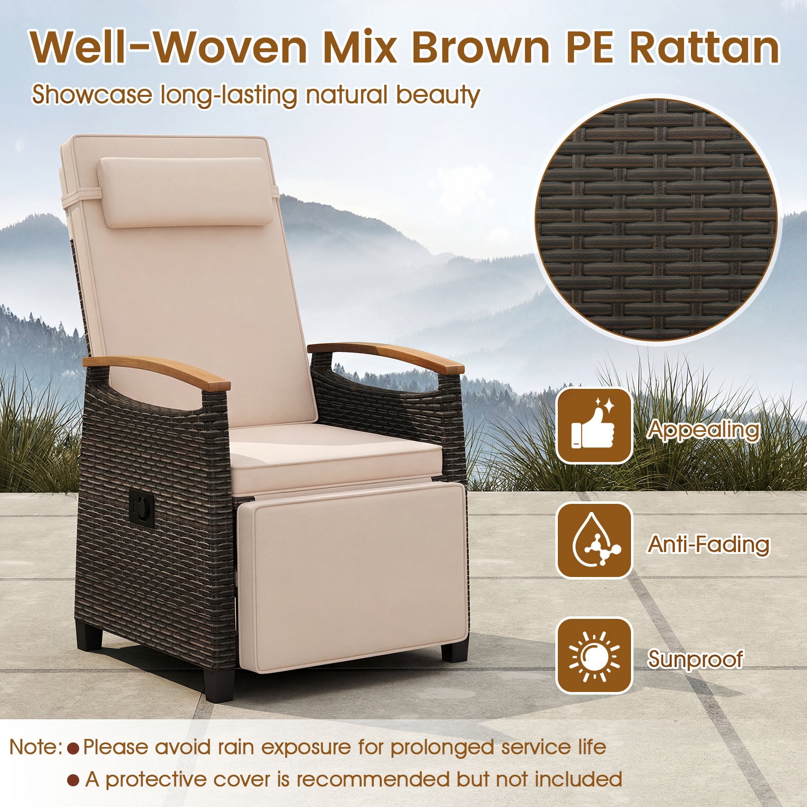 Gymax Set of 2 Patio Wicker Recliner Chair Rattan Lounge Chair w/ Adjustable Backrest&Footrest Mix Brown