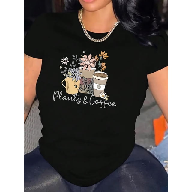 Women's Fashion Floral Print T-Shirt, Casual Round Neck Short Sleeve, Comfortable Summer Top, Polyester, All Seasons, Knit Fabric, Stretchy Material, Ladies Leisure Sportswear