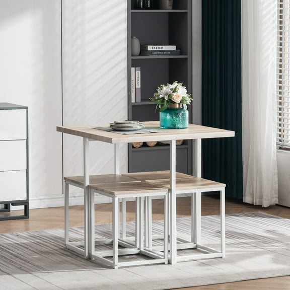 SEGMART Table and Chairs Dining Set, 4-Piece Dining Room Rectangular Table and 4 Stools with Sturdy Steel Frame, Industrial Compact Dining Set for Dining Room, 220lbs, White, S9998