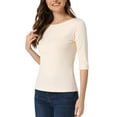 thumbnail image 4 of INSPIRE CHIC Women's Tops Elbow Sleeves Boat Neck Slim Fit Classic Casual Tee Shirt S Beige, 4 of 6