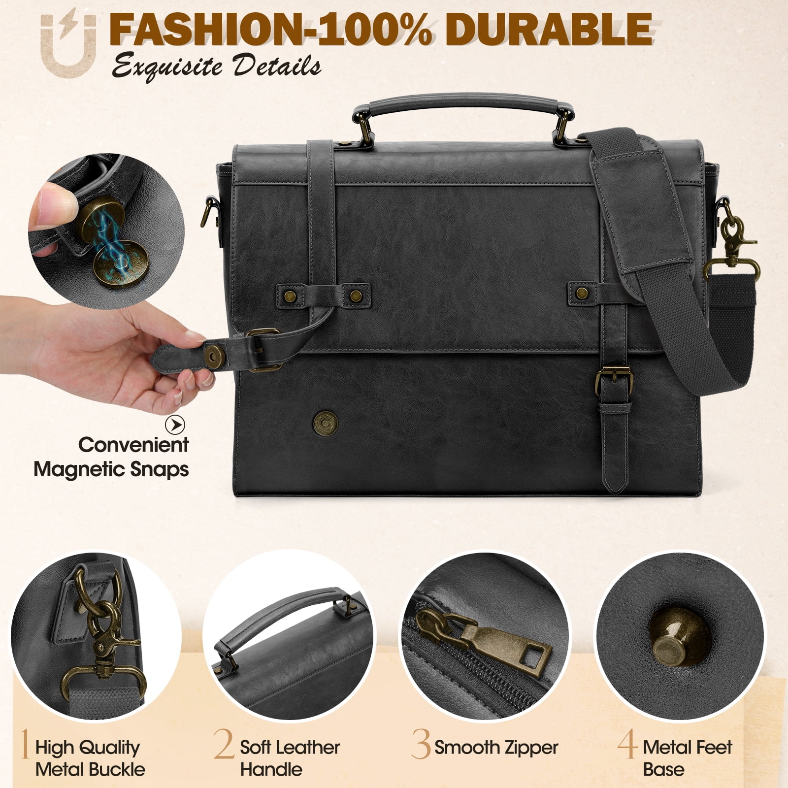 RAINSMORE Mens Messenger Bag 17 Inch Waterproof Vintage Leather Laptop Briefcase Satchel Bag Computer Shoulder Bag Large Laptop Bag for Office Business Travel College,Gray