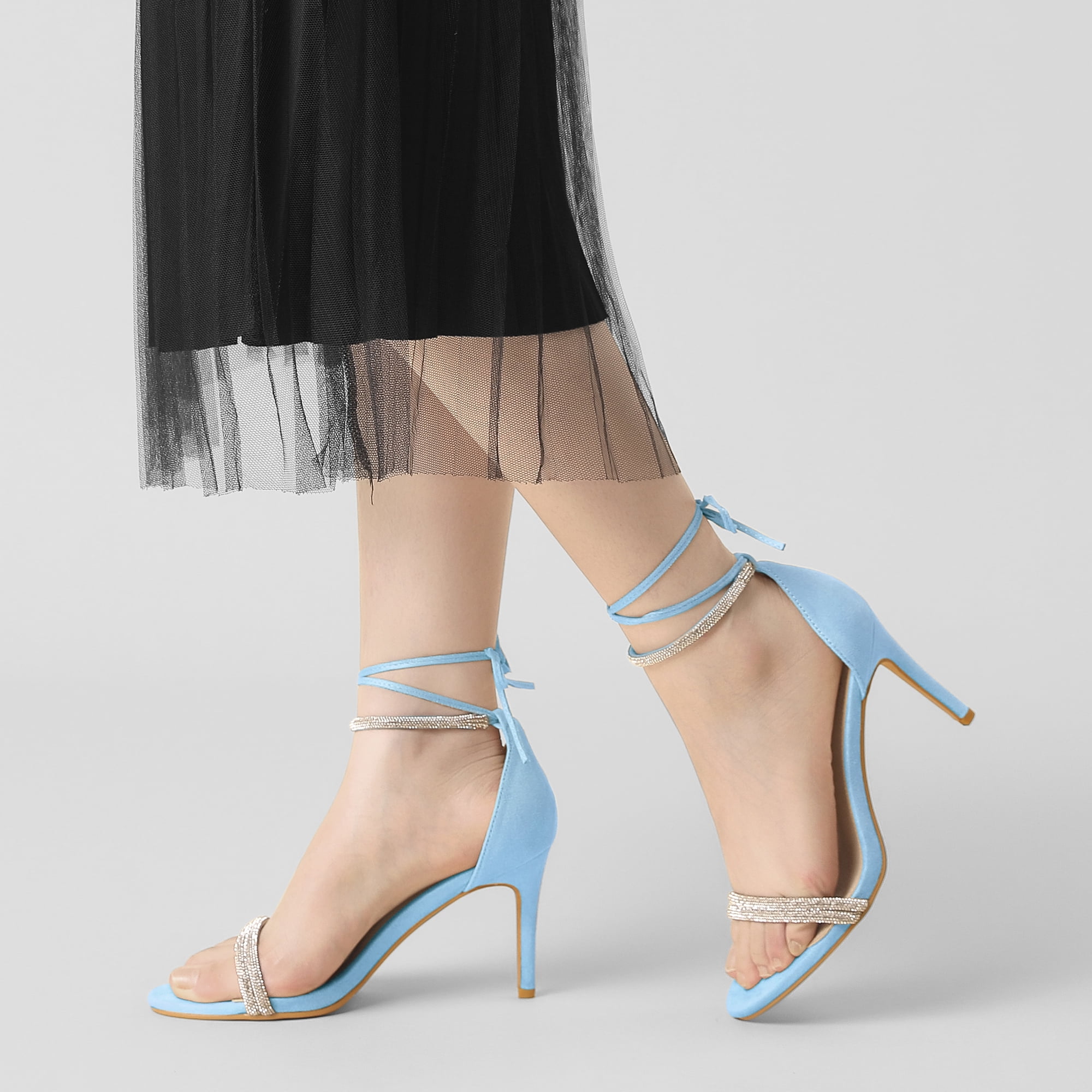 DARING DIVA Women's Rhinestone Ankle Tie Stiletto Heels Sandals Sky Blue 7