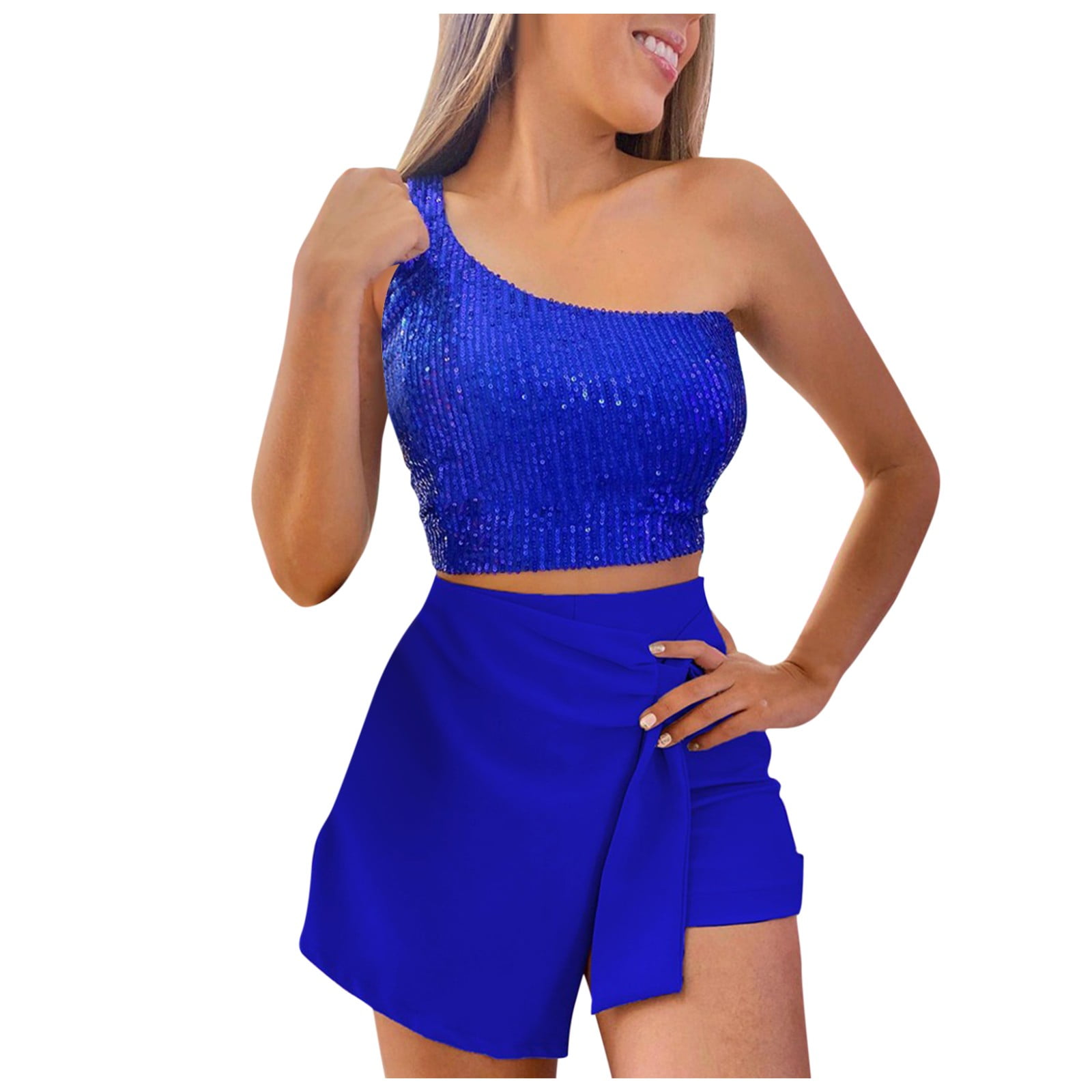 MIARHB Sexy Fashion Sequin Ladies One Shoulder Tank Top Shorts Set For ...