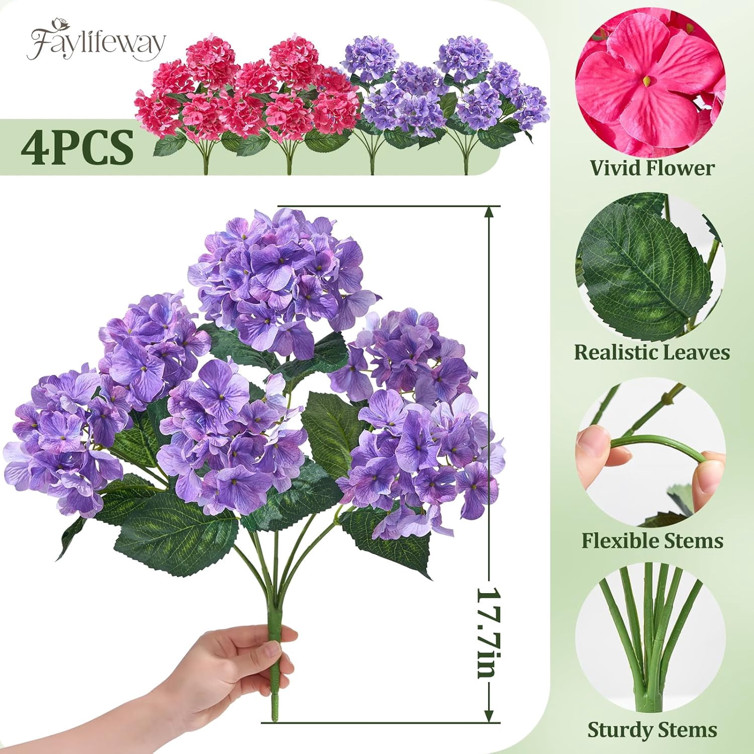 24 Heads Artificial Hydrangea Flowers for Outdoor Decor,  Faux Silk Planters Porch Garden Window Box  Decoration