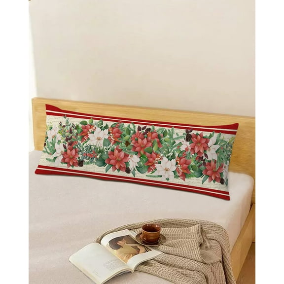 Christmas Poinsettia Throw Pillow Cover,Watercolor Seasonal Botanical Pine Cone Rectangle Decorative Pillow Case Protector Soft Cushion Cover Lumbar Pillowcase for Couch Sofa Bedroom Decor 20x54 Inch