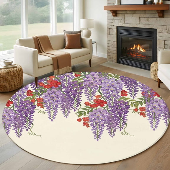 Spring Wisteria Round Area Rug 8Ft Washable Large Circle Rugs for Living Room Dorm, Purple Flowers Floral Leaves Botanical Beige Non-Slip Carpet Floor Mats Indoor Outdoor Carpet Runner Home Decor