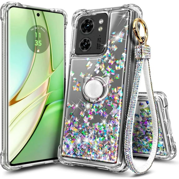 Compatible with Motorola edge (2023) / edge 40 Case with Ring Holder / Wrist Strap, Nagebee Glitter Liquid Floating Waterfall Cute Phone Cover (Clear Gem)
