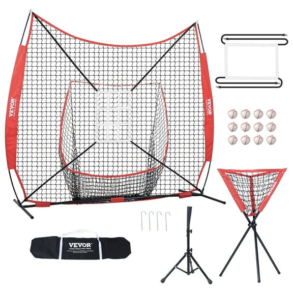 VEVOR 7x7 ft Baseball Softball Practice Net, Portable Baseball Training Net for Hitting Catching Pitching, Backstop Equipment with Bow Frame, Carry Bag, Strike Zone, 12 Balls, Tee, and Ball Collector
