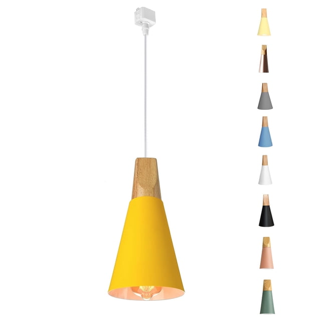 FSLiving H-Style Track Mount Pendant Fixture Scandinavian Style Pendant Lights for Kitchen Hanging Lamp Modern Wood and Aluminium Light Customizable,Yellow - 1 Light