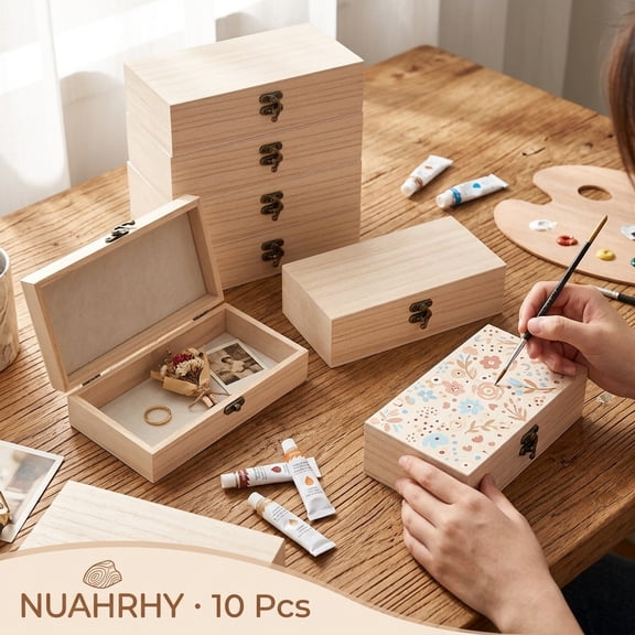 10pcs Set Unfinished Wood Box with Hinged Lid and Front Clasp, Natural Paulownia Wooden Craft Boxes for DIY Painting, Jewelry and Keepsake Storage, 7.87 x 3.94 x 1.97 Inches