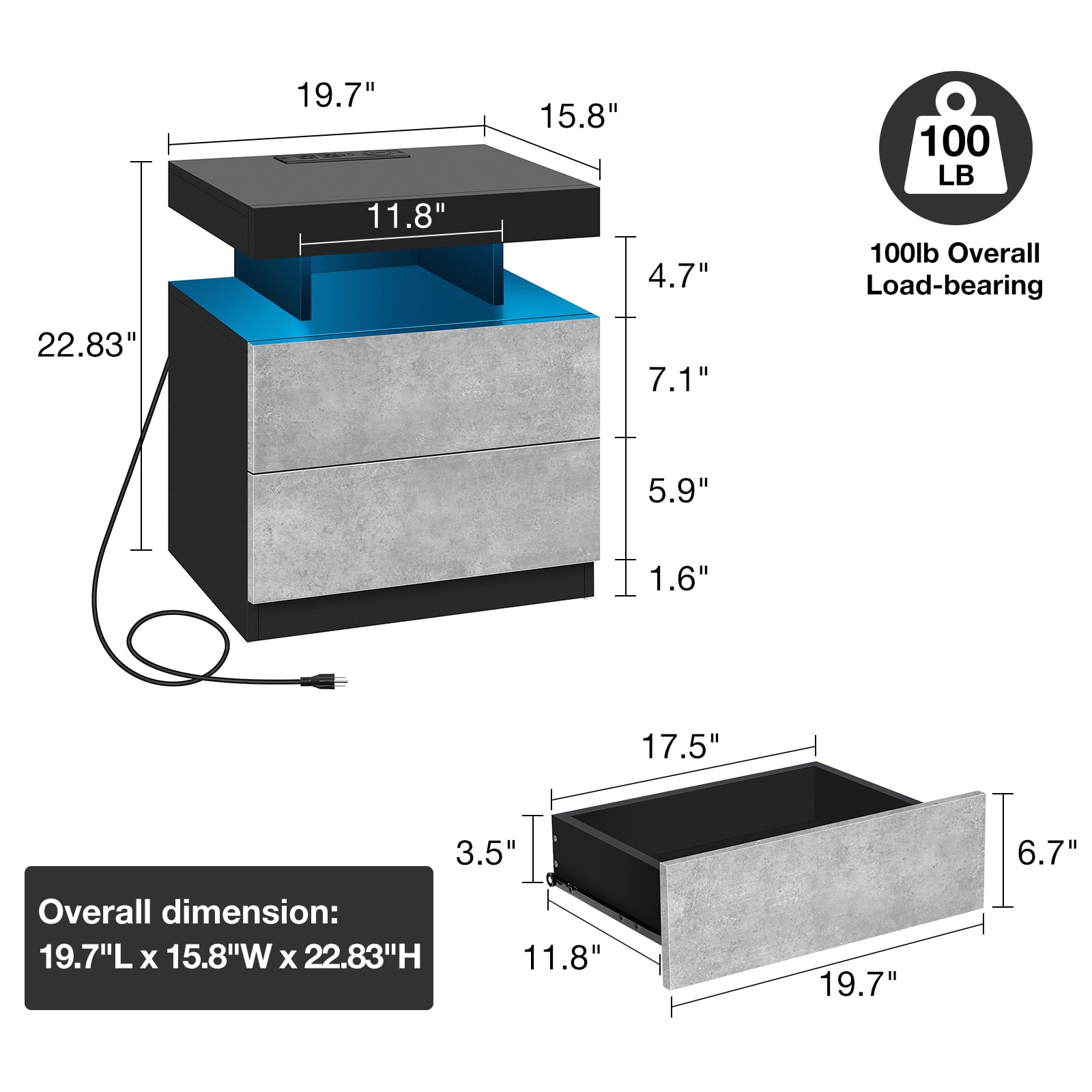 Hommpa Modern Nightstand Set of 2 LED Nightstand with 15W Wireless Charging Type C USB Port 2 Drawers Bedside Table Storage High Gloss Night Table Gray End Side Table for Bedroom Furniture 22.3" Tall