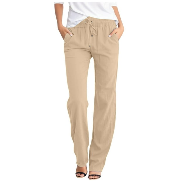 HNMKIU Women's Casual High Waisted Straight Pants with Elastic Drawstring and Pockets for Everyday Comfort and Style
