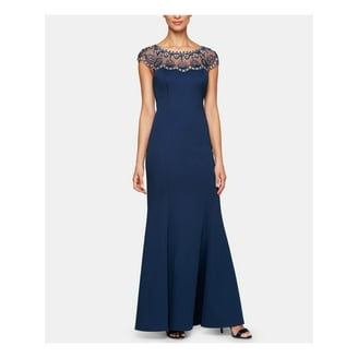 XSCAPE Womens Navy Embroidered Illusion Yoke Cap Sleeve Round Neck  Full-Length Evening Gown Dress 10 - Walmart.com