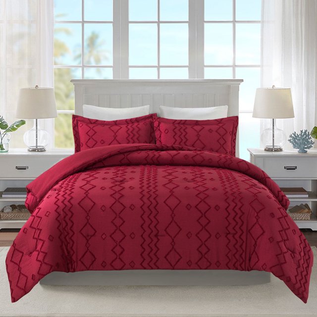 JML Tufted Queen Comforter Set 3 Pieces, Jacquard Boho Tufts Bedding Set - All Season Duvet and 2 Pillow Shams Bed Sets, Burgundy