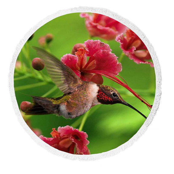 ZKGK Hummingbird Round Beach Towel Beach Mats Beach Shawl Beach Blanket with Tassels Beach Throw Towel Yoga Mat