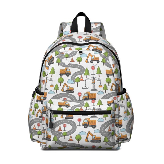 Excavator and Road White Pattern Cute School Backpack with Padded Back and Adjustable Shoulder Straps 13.4"x11"x4.7"