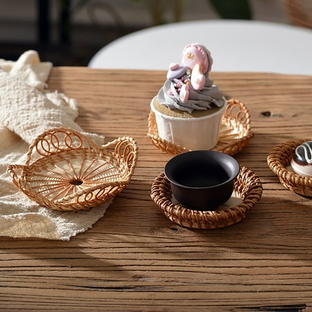 

Rattan Woven Storage Tray Desktop Cup Coaster Fruit Holder Photography Props