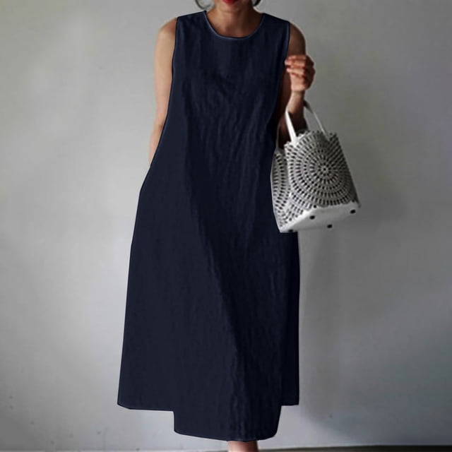 EGNMCR Robes de Fête pour Femmes Robe Débardeur Décontractée Sans Manches de Printemps/été pour Femmes, Unie, avec Poches, Col Rond, Plissée, en Coton et Lin