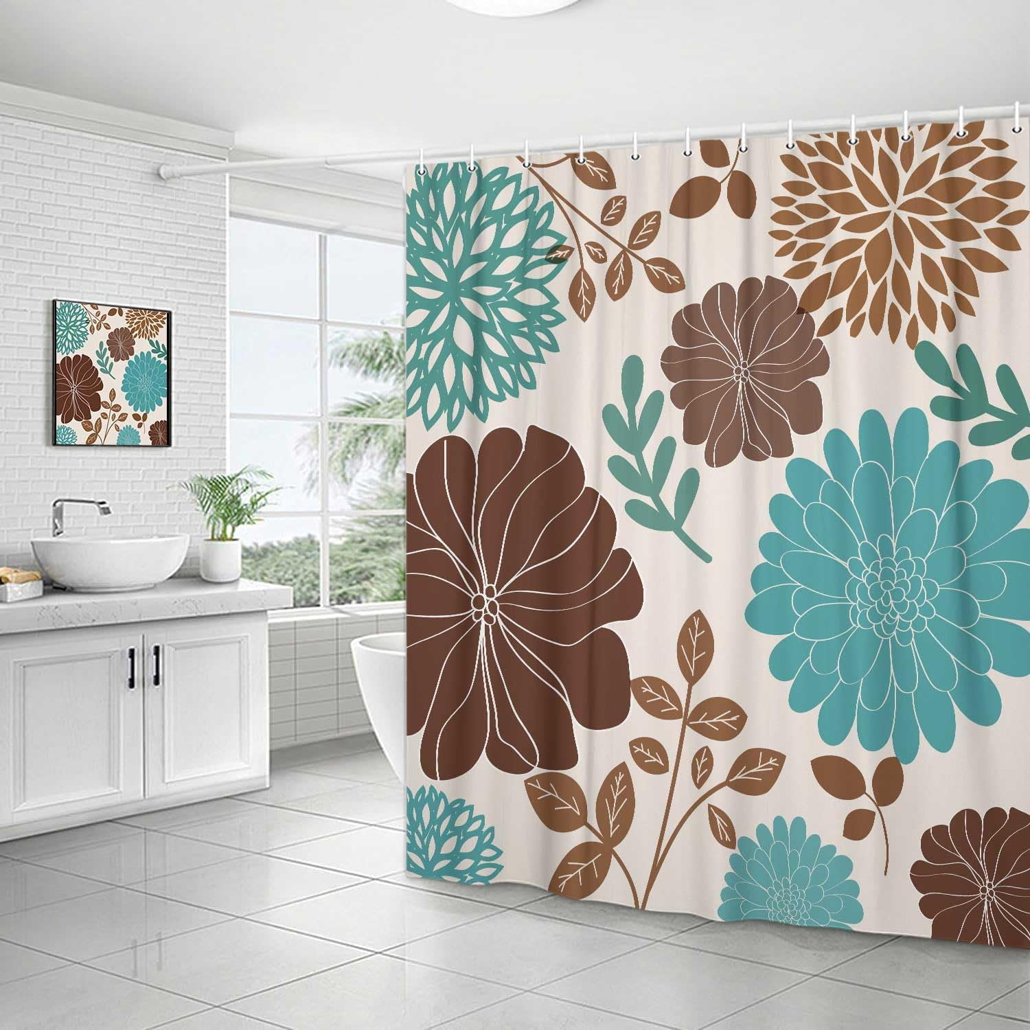 Boho Teal and Brown Floral Shower Curtain, Turquoise and Tan Flower Shower Curtain for Bathroom, Aqua Blue Bohemia Art Aesthetics Bathroom Decor Shower Curtain Set with 12 Hooks, 72X72in