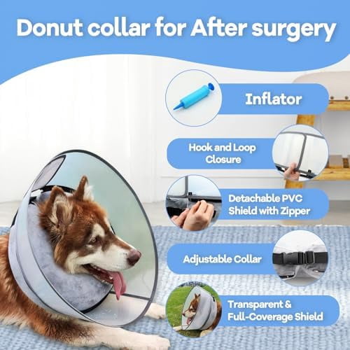 2-in-1 Upgraded Inflatable Dog Cone Collar with Detachable Anti-Licking Shield, Soft Adjustable Elizabethan Collar for Dogs After Surgery (M+, Grey)