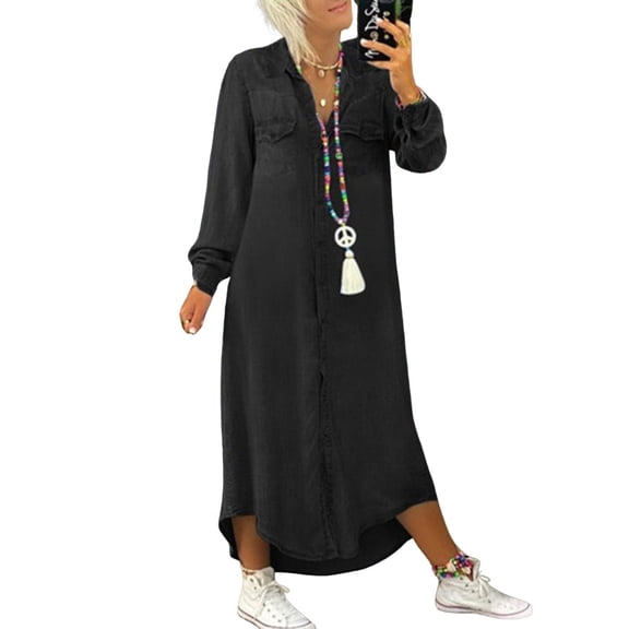Quixlent Fall Spring Lady Dress Single-breasted Lapel Loose Long Sleeves Chest Pocket Split Hem Plus Size Dress Solid Color Buttons A-line Daily Wear Maxi Dress