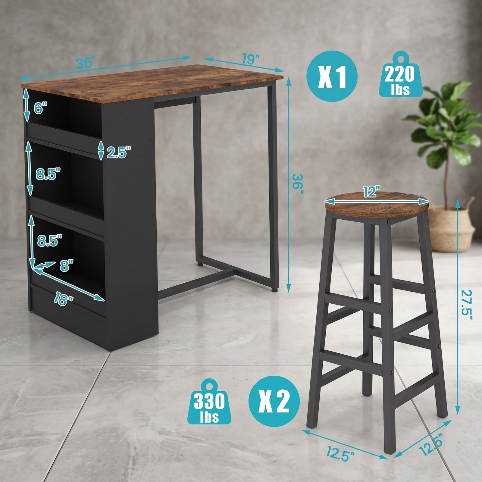 Furnibear 3-Piece Bar Table Set with Storage Shelf, Industrial Counter Height Pub Dining Table and 2 Stools for Kitchen Dining Room Restaurant, Space-Saving Bar, Brown