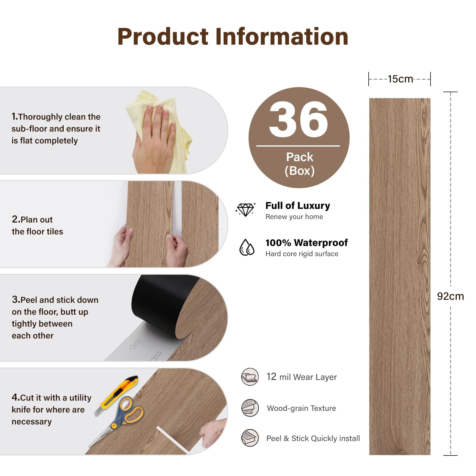 Peel And Stick Floor Tile  36packs 54 Sq. Ft Vinyl Flooring Plank 36"x 6" Waterproof Wood Grain For Bedroom Living Room Kitchen Rv(smoke Oak)